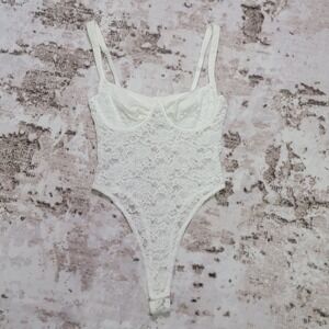 EDIKTED White Floral Lace & Satin Underwire Bodysuit Coquette Y2K Style Bridal